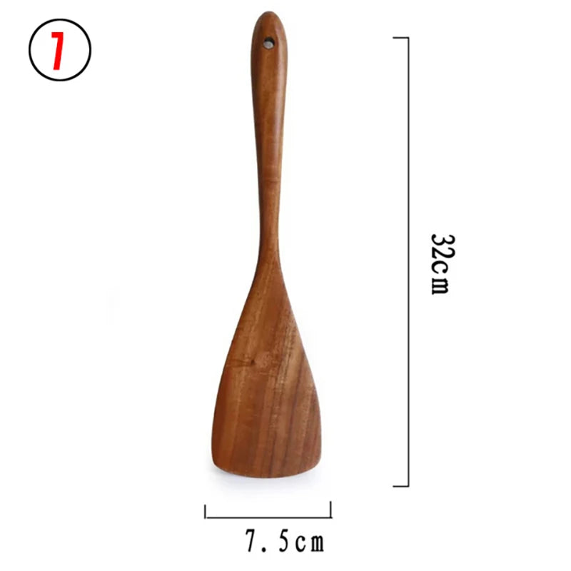 10-Piece Teak Wooden Cooking Utensils Set | Natural Wooden Kitchen Spoons & Spatulas