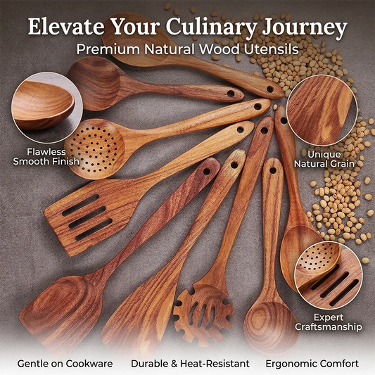 10-Piece Teak Wooden Cooking Utensils Set | Natural Wooden Kitchen Spoons & Spatulas
