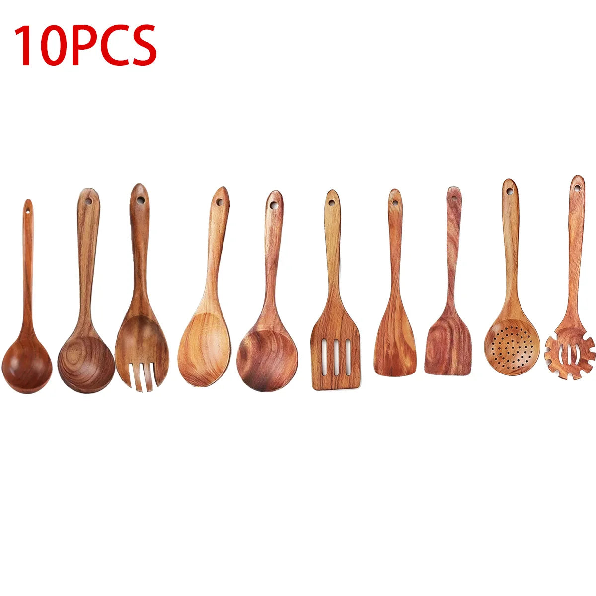 10-Piece Teak Wooden Cooking Utensils Set | Natural Wooden Kitchen Spoons & Spatulas
