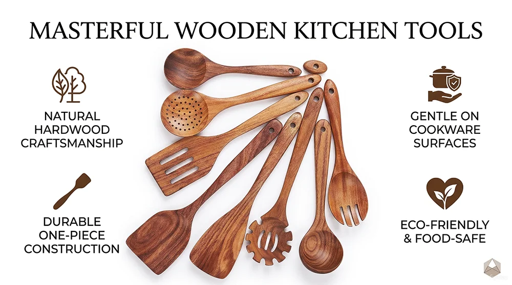 10-Piece Teak Wooden Cooking Utensils Set | Natural Wooden Kitchen Spoons & Spatulas