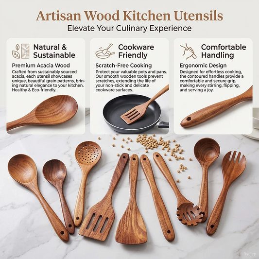 10-Piece Teak Wooden Cooking Utensils Set | Natural Wooden Kitchen Spoons & Spatulas