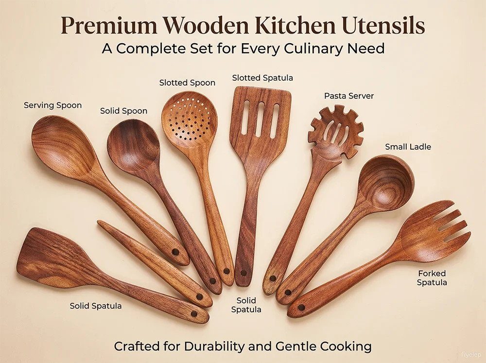 10-Piece Teak Wooden Cooking Utensils Set | Natural Wooden Kitchen Spoons & Spatulas