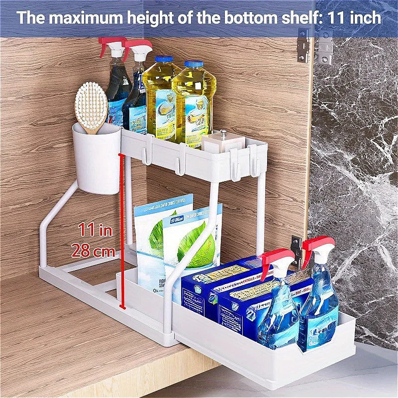 2-Tier Space-Saving Under Sink Organizer – Pull-Out Cabinet Storage Rack for Kitchen & Bathroom