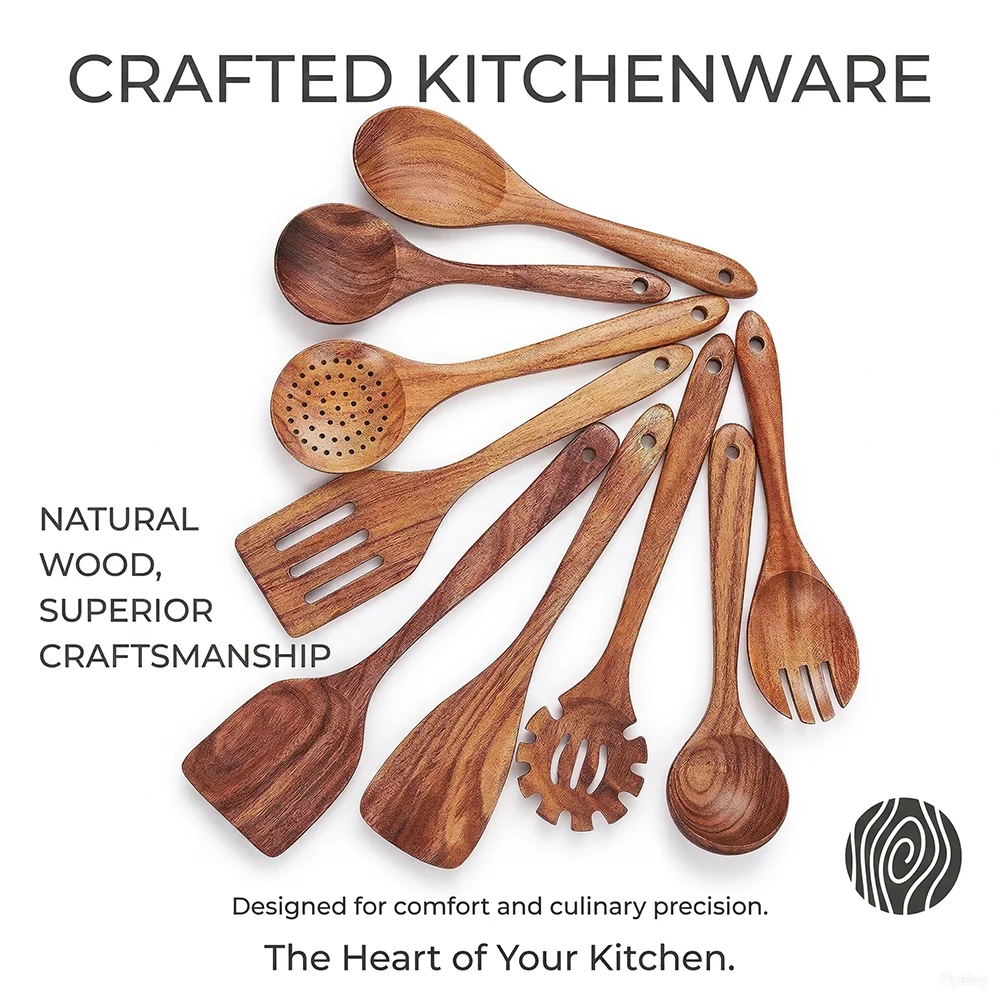 10-Piece Teak Wooden Cooking Utensils Set | Natural Wooden Kitchen Spoons & Spatulas