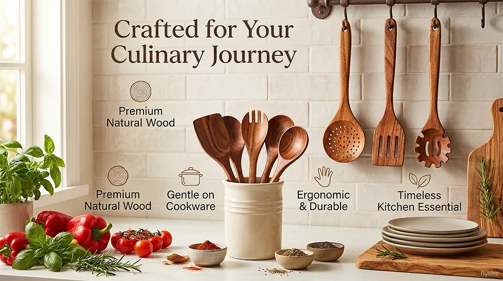 10-Piece Teak Wooden Cooking Utensils Set | Natural Wooden Kitchen Spoons & Spatulas