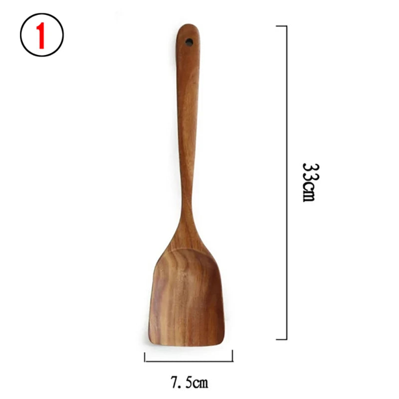 10-Piece Teak Wooden Cooking Utensils Set | Natural Wooden Kitchen Spoons & Spatulas