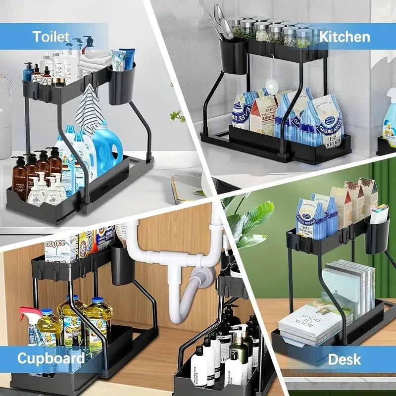 2-Tier Space-Saving Under Sink Organizer – Pull-Out Cabinet Storage Rack for Kitchen & Bathroom