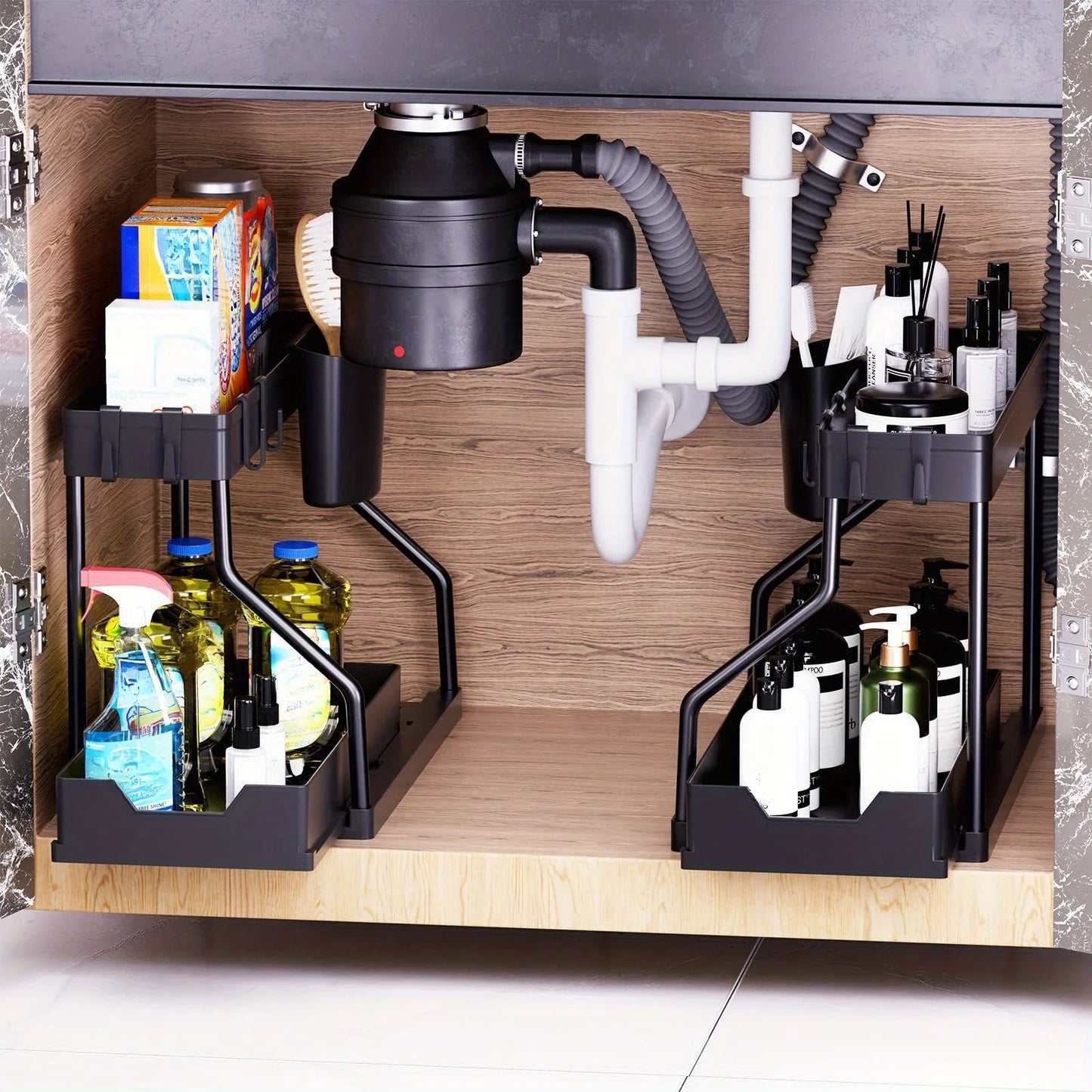 2-Tier Space-Saving Under Sink Organizer – Pull-Out Cabinet Storage Rack for Kitchen & Bathroom