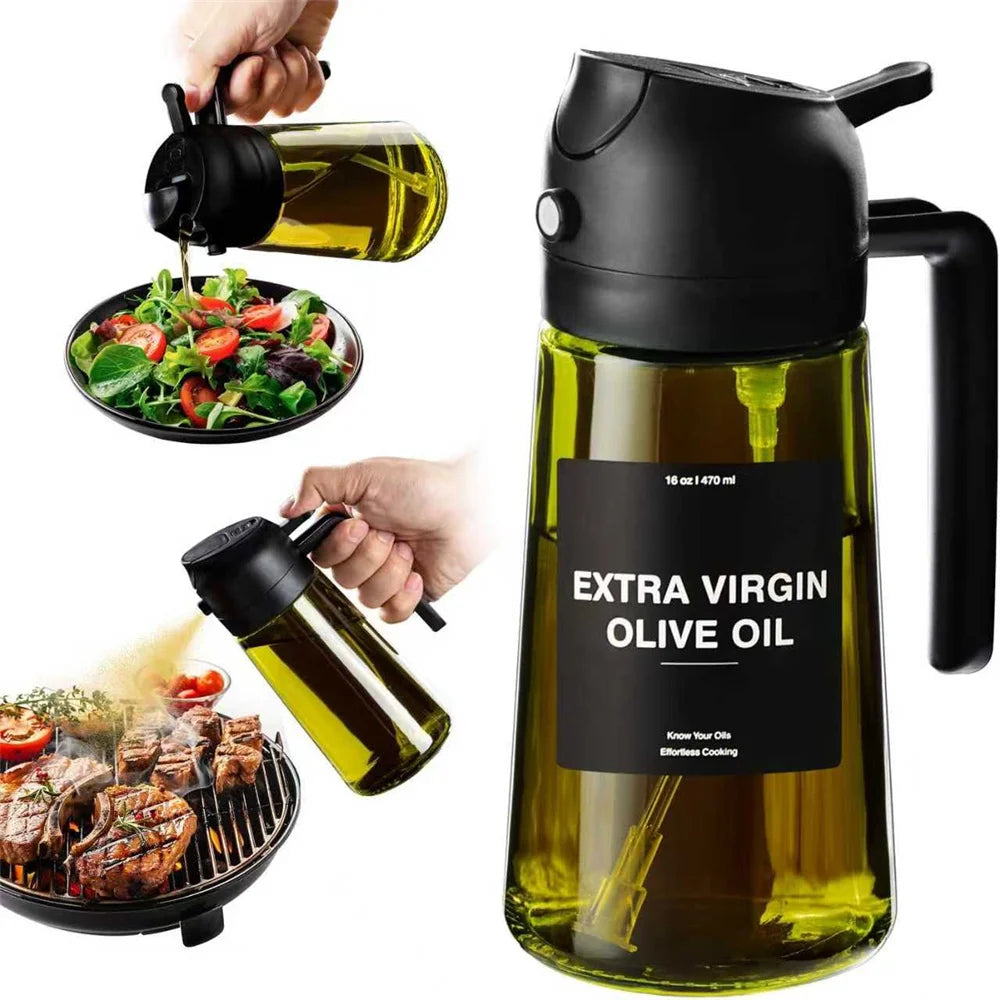 2-in-1 Olive Oil Sprayer & Dispenser | 470ml Glass Oil Bottle