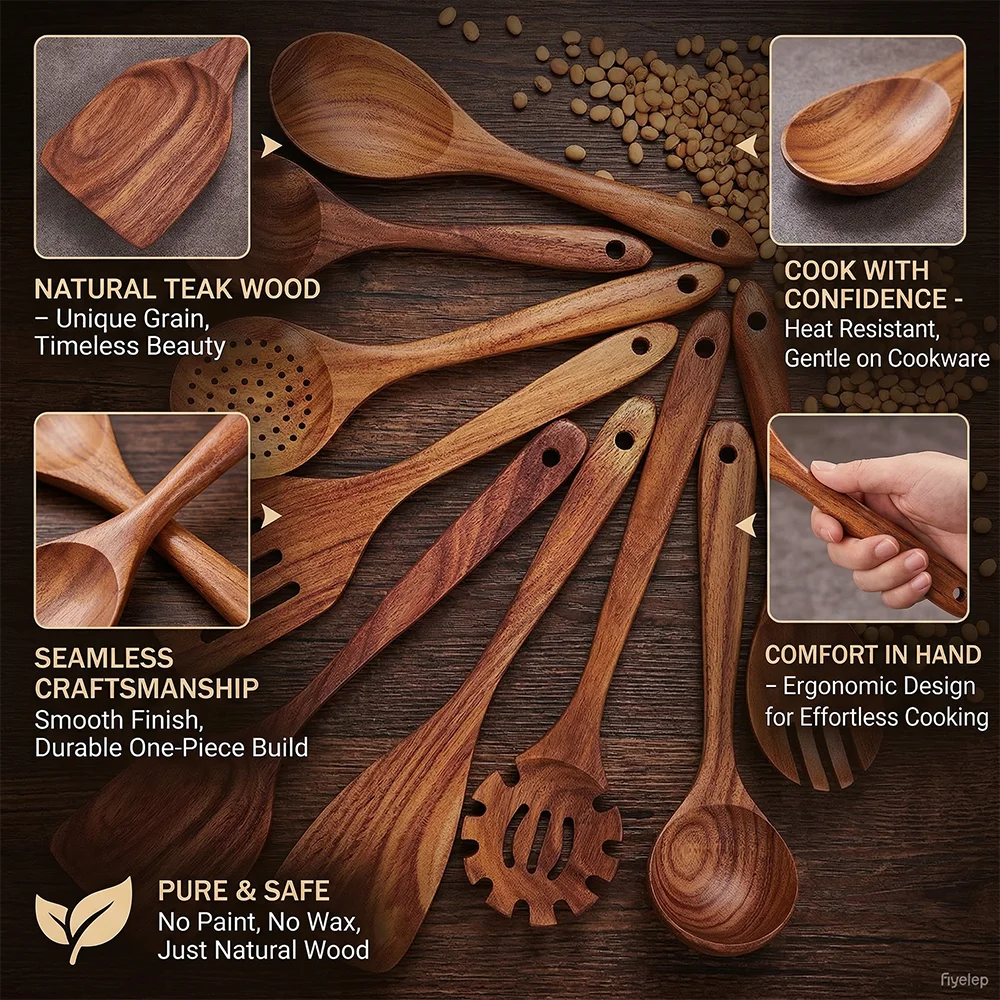 10-Piece Teak Wooden Cooking Utensils Set | Natural Wooden Kitchen Spoons & Spatulas