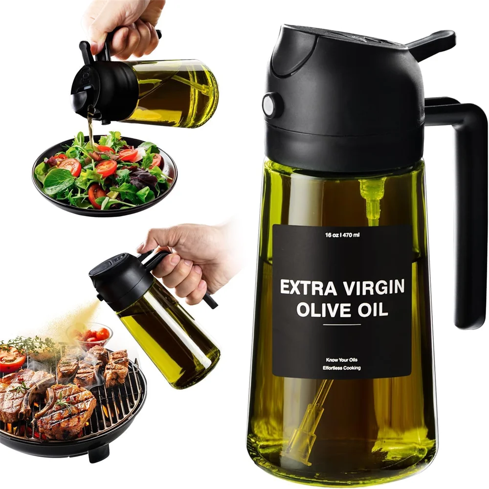 2-in-1 Olive Oil Sprayer & Dispenser | 470ml Glass Oil Bottle
