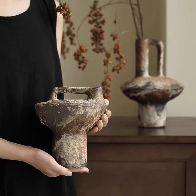 Wabi-Sabi Vintage Ceramic Vase – Coarse Pottery Zen Flower Vase for Modern Home Decor