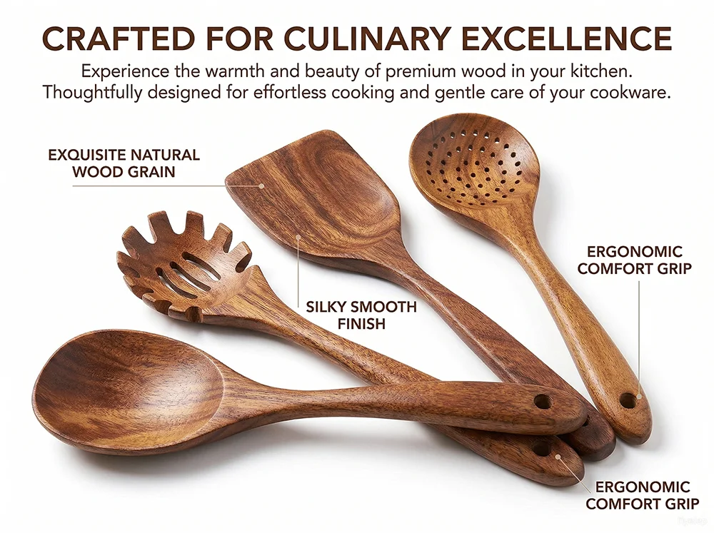 10-Piece Teak Wooden Cooking Utensils Set | Natural Wooden Kitchen Spoons & Spatulas