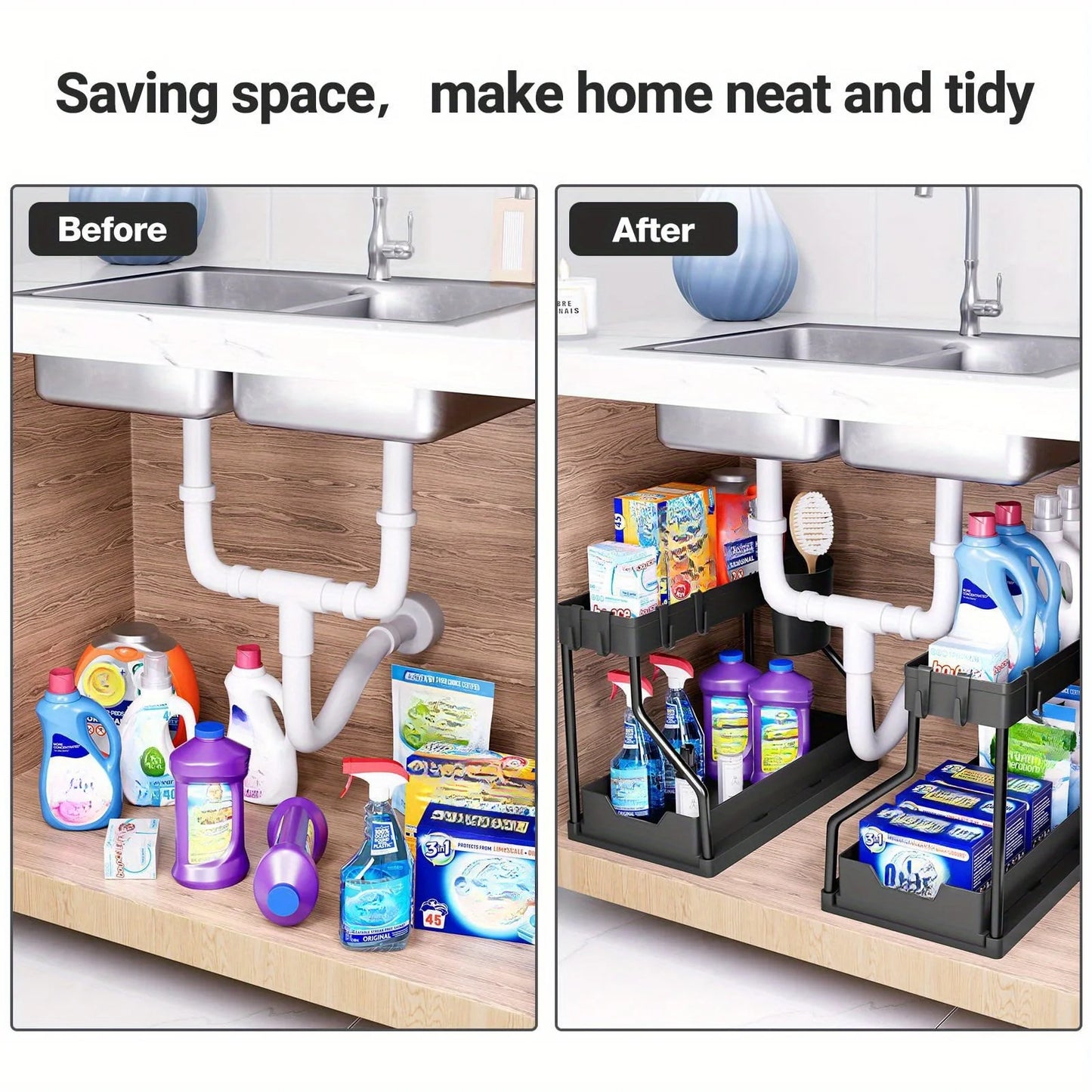 2-Tier Space-Saving Under Sink Organizer – Pull-Out Cabinet Storage Rack for Kitchen & Bathroom