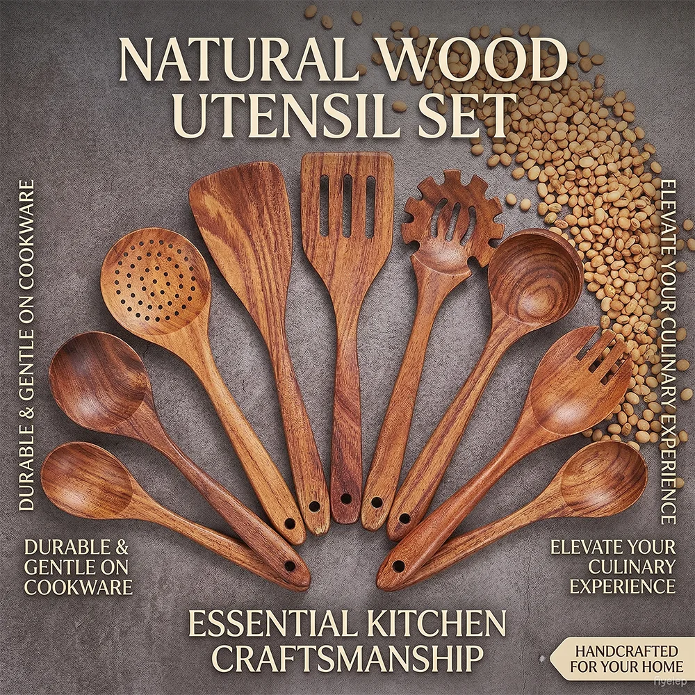 10-Piece Teak Wooden Cooking Utensils Set | Natural Wooden Kitchen Spoons & Spatulas